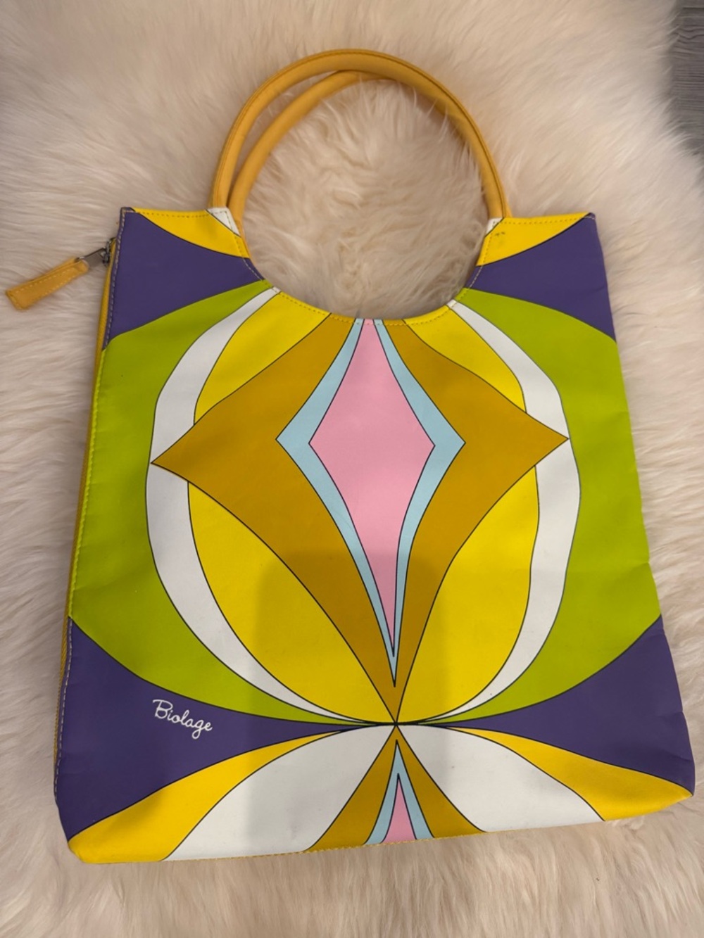 Retro Mod Psychedelic Graphic Tote Bag with Yellow Handles by Biolage